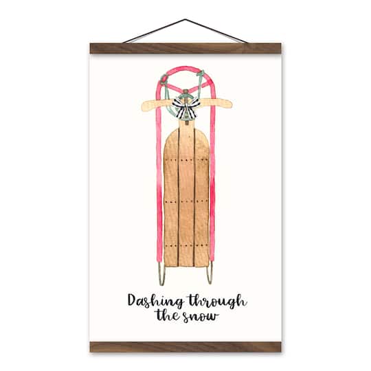 Dashing Snow Sled 12x18 Teak Hanging Canvas